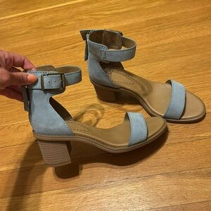 Light blue suede zip back ankle strap wedges brand is zodiac